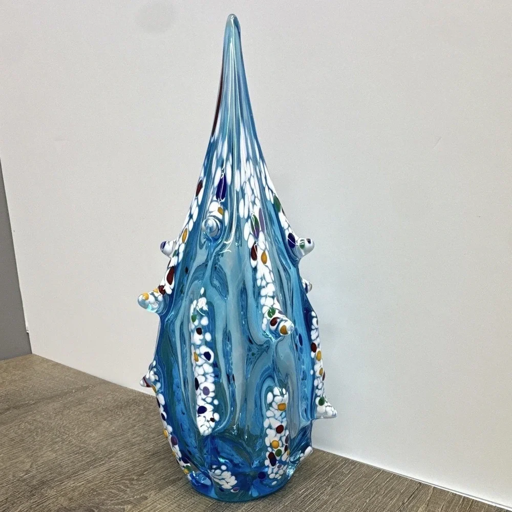 Vintage Murano Style Hand Blown Art Glass Spire Vase - Blue Confetti Murrine, 9